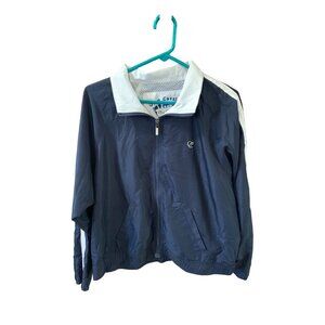 Oleg Cassini Sport Womens Size Large Windbreaker Jacket Coat Navy Blue White Ful